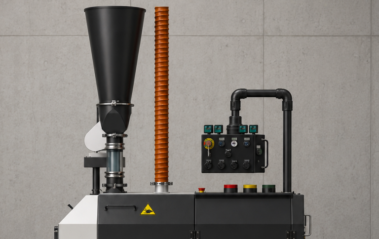 Powder Coating recycling machine. Absaugung und Trichter der Maschine für Fines-Aufbereitung in der Pulverlackproduktion.